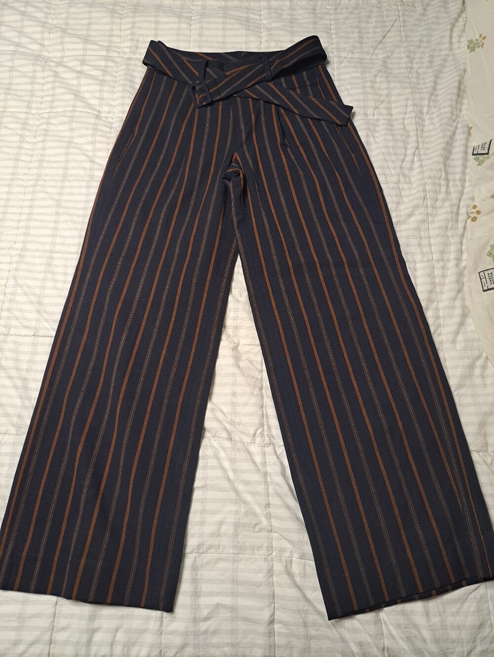 Banana Republic Navy Wide-Leg Striped Pants with Brown Pinstripes